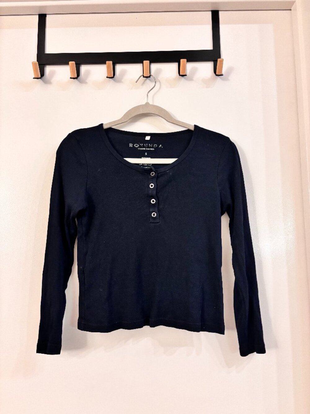 Henley Organic Essentials Navy Ribbed Henley Long Sleeve Top Sz S